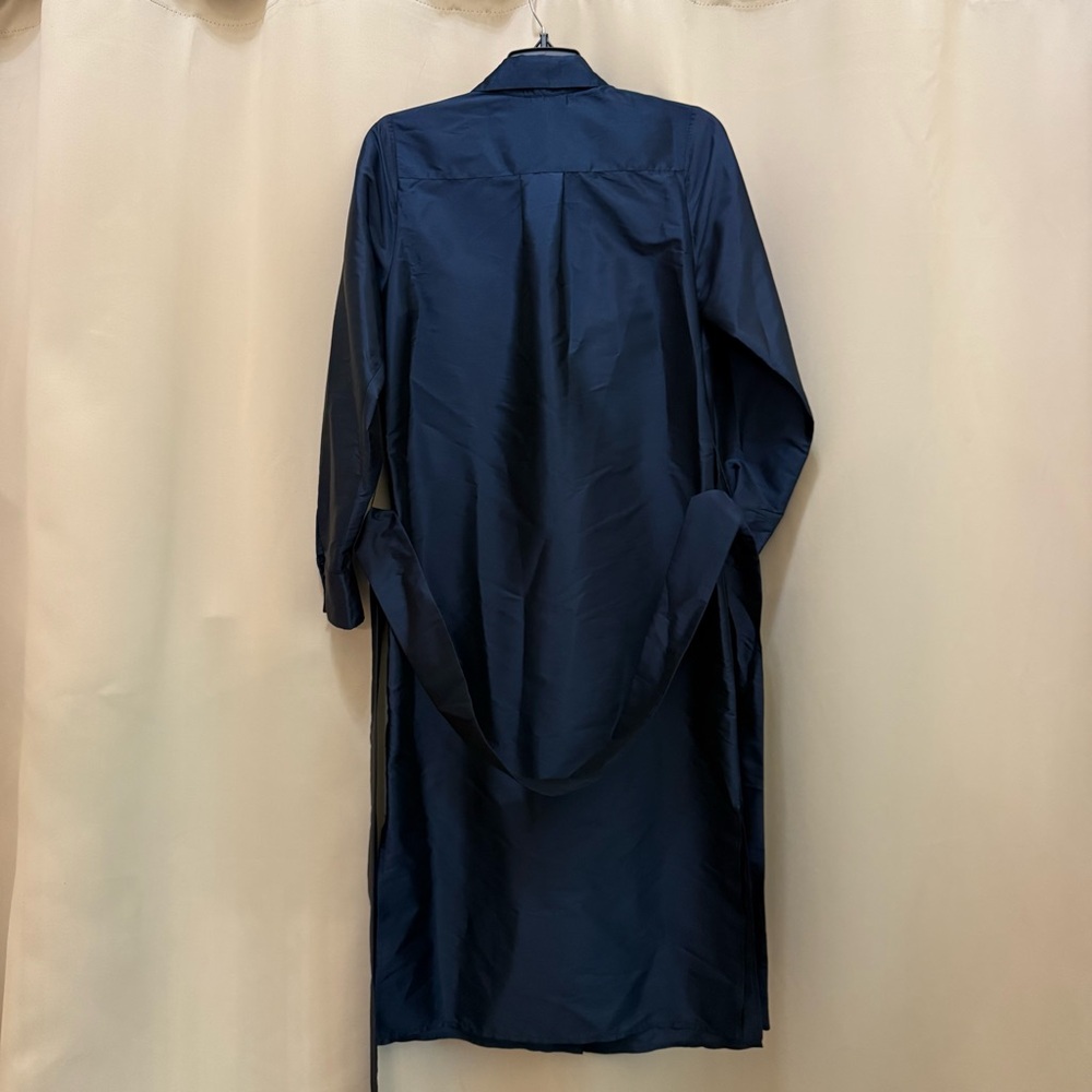 Emily Shalant Navy Taffeta Shirt Dress Crystal Bow Buttons Belted Midi Sz 0 - Picture 4 of 13